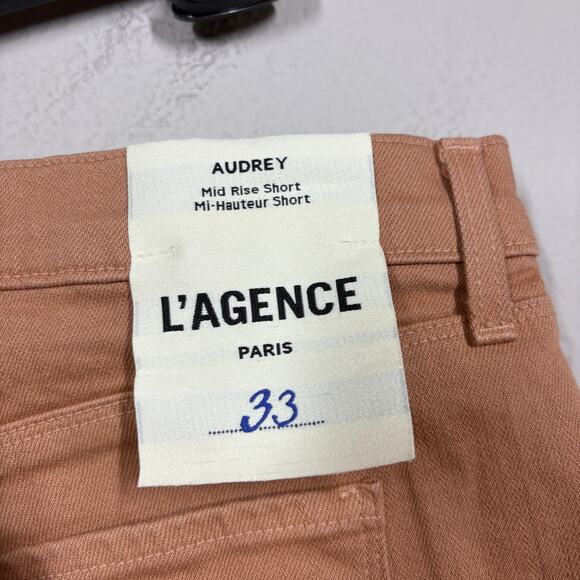 L'Agence 33 Audrey Mid Rise Cut Off Shorts Dark Camel Brown Cotton Blend Pockets - Picture 6 of 7